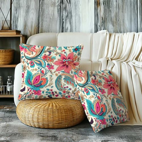 Firmiso Boho Floral Paisley Throw Pillow Covers 18x18 Set of 2 | Decorative Cushion Covers for Couch Sofa Bed | Soft Vintage Home Decor Pillow Cases | Colorful Bohemian Home Decor Accent - color: Floral Paisley