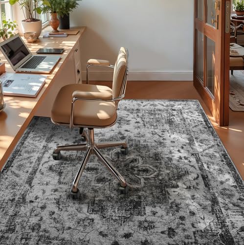 YOH Boho Washable Rug 4x6, Black Vintage Non Slip Area Rug, Distressed Indoor Carpet for Living Room Bedroom Kitchen Office - color: B-black, size: 4' x 6' (Rectangular)