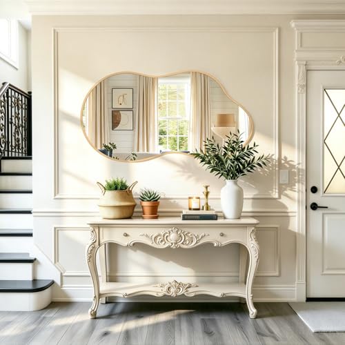 JJUUYOU Asymmetrical Mirror with Metal Frame Irregular Bathroom Mirror Decorative Wall Mirror Large 20"x36" Vintage Mirrors for Living Room Bathroom Bedroom Entryway Wall Decor - color: Wood, size: 36"L x 20"W