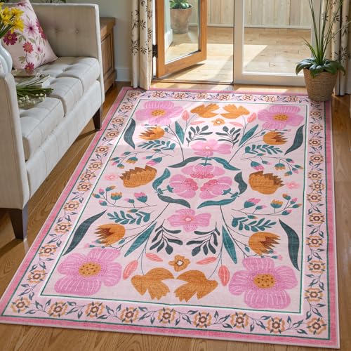 Beeiva Pink Flower 5x7 Rugs for Bedroom Girls, Nursery Rug for Dorm Carpet with Low-Pile Non Slip, Soft Floral Indoor Ultra-Thin Carpet for Classroom Living Dining Room Décor (Pink,5'x7') - color: Pink, size: 5' x 7' (Rectangular)