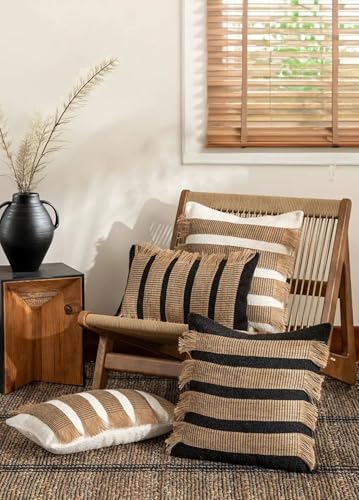 MOCOFO Handwoven Jute Cotton Striped Pillow Covers, Wabi Sabi Boho Farmhouse Decorative Throw Cushion Cover with Fringe(Cover Only) (Black/Natural, 12x28) - color: Black/Natural, size: 28" x 12" (Pack of 1)