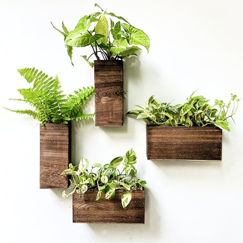 LaLaGreen Wood Planter Box for Plants (4 Pack) Wooden Hanging Wall Planters for Indoor Plant Holder Vase for Dried Flowers, Modern Living Room Bedroom Kitchen Home Office Decor - size: 4-pc Set