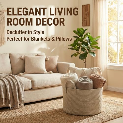 JMvicyroam 65L Extra Large Blanket Basket for Living Room - Woven Cotton Rope Laundry Hamper with Reinforced Handles - Storage Bin for Pillows, Comforters & Toys - Machine Washable,Oatmeal - color: Oatmeal, size: 65L