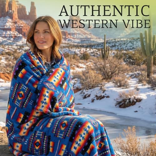 Sacred Thread Aztec Blanket Fleece, Reversible Native American Blanket, Western Throw, Native American Western (Blue Flannel), Queen (79”x95”) - color: Blue Flannel, size: Queen (79”x95”)