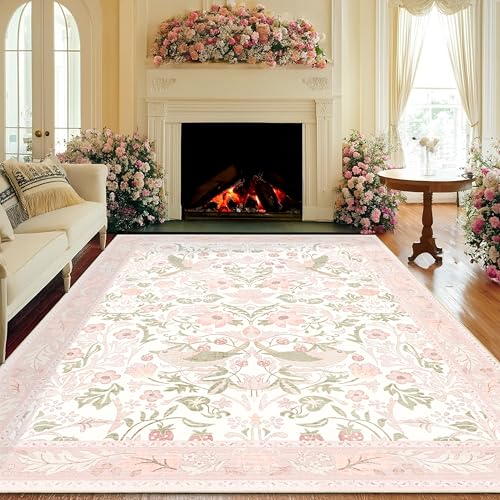 8'x10' Area Rugs Washable,Pink Rug for Living Room Bedroom Dining Room,Large Boho Botanical Farmhouse Bohemian Distressed Oriental Carpet Non Slip,Blush Floral Bird - color: Pink Floral Bird, size: 8'x10'