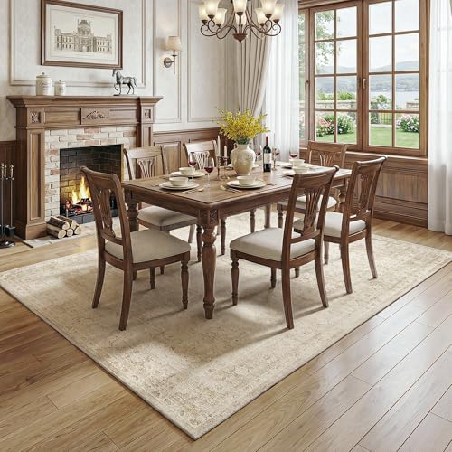 FMFUNCTEX 5x7 Washable Area Rug Beige Neutral Vintage Distressed Oriental Large Non Slip Carpet for Living Room Bedroom Traditional Retro Soft Low Pile Indoor Rugs for Dining Room Office Nursery - color: Beige, size: 5' x 7' (Rectangular)