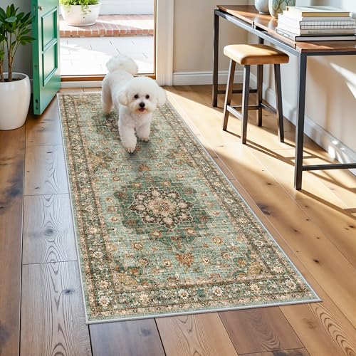 TOPRUUG Washable Entryway 2x5 Rug - Small Throw Runners for Kitchen Bathroom Bedroom Non-Slip Ultra-Thin Indoor Door Mat Indoor Entrance - Stain Resistant Vintage Home Decor (Green, 2X5) - color: Green, size: 2' x 5' (Rectangular)