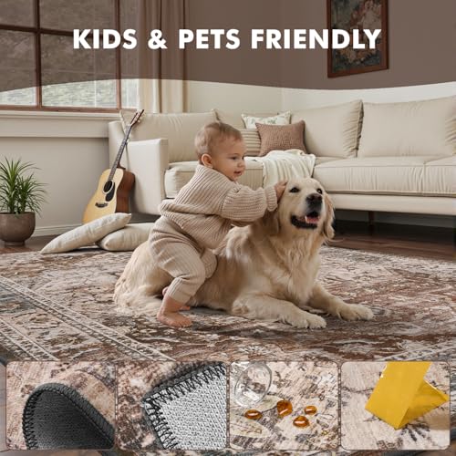5x7 Area Rugs for Living Room Rug Brown Bedroom Rug Carpet Washable Neutral Vintage Dining Room Rugs for Under Table Soft Comfortable Non Slip - color: Brown Multi, size: 5' x 7' (Rectangular)