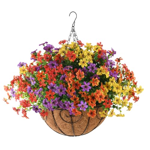 ZFProcess Artificial Flowers Hanging Baskets, Multicolor 12 Bundles Faux Flower Outdoor Hanging Basket Spring Summer Decoration, Fake Flowers Plants for Porch Patio Balcony Home Yard Decor(Mixd2) - color: Purple,red,orange,yellow