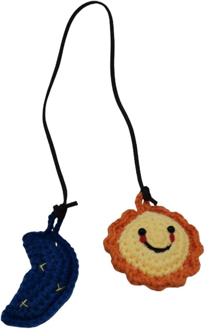 Car Rearview Mirror Hanging Ornament, Crochet Flower Basket Plant Accessory, Handmade Knitted Boho Car Ornament for Women (Sun and Moon)