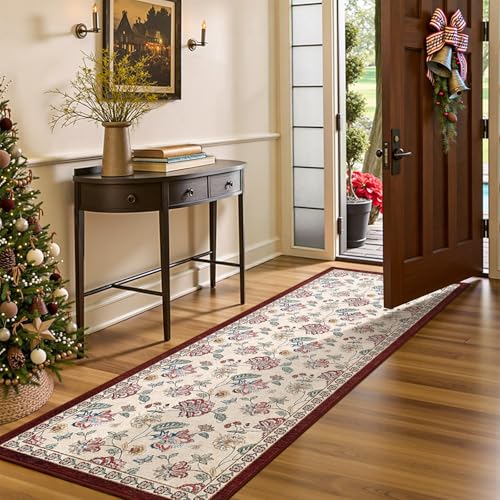 jinchan Elora 3x8 Floral Runner Rug for Hallway Washable Kitchen Runner Vintage Romance Design Non Slip Thin Indoor Floor Cover Low-Profile Throw Carpet for Entryway Bathroom Bedroom Porch, Red/Beige - color: Bloom Red/Beige, size: 3' x 8' (Light Weight)