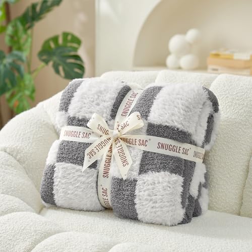 Snuggle Sac Faux Fur Throw Blanket for Couch, Cozy Soft Warm Blankets for Sofa Bedroom Living Room,Grey Checker,50x60 inches - color: Grey White, size: Throw(50"x60")