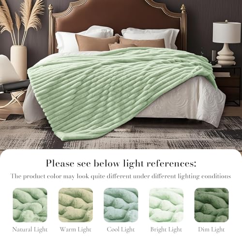 Amélie Home Faux Fur Throw Blanket for Couch, Cozy Fuzzy Fluffy Fur Luxurious Soft Striped Plush Gift Blankets for Family Sofa Chair Bedroom, 55"x70", Sage Green - color: Striped Sage Green, size: Throw(55"x70")