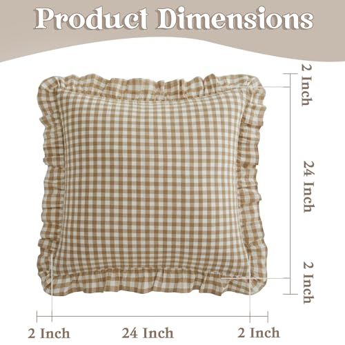KKJIAF Ruffle Gingham Pillow Covers 24 x 24 Inches, Cotton Gingham Pillow Cases Set of 2, Linen Feel Ruffled Plaid Pillow Shams with Envelope Closure for Sofa Bed (Taupe/White Plaid) - color: Taupe/White Plaid, size: 24" x 24" (Pack of 2)