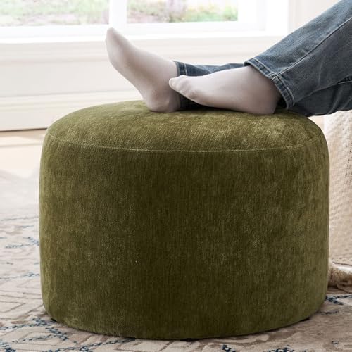 Upholstered Round Ottoman, Green Pouf Ottoman, Modern Footstool with Soft Padded Seat & Solid Wood Frame, Multifunctional Vanity Stool Accent Seat for Living Room and Bedroom, Chenille - color: Green Chenille, size: Set of 1