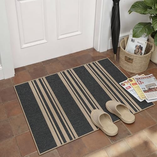 PureCozy Striped Easy Jute Rug 2x3 Black Entryway Carpet Washable Non Slip Door Mat Farmhouse Neutral Non Shedding Entry Small Indoor Outdoor Rug for Kitchen Bedroom Mudroom Bathroom - color: Black/Striped, size: 2' x 3' (Rectangular)