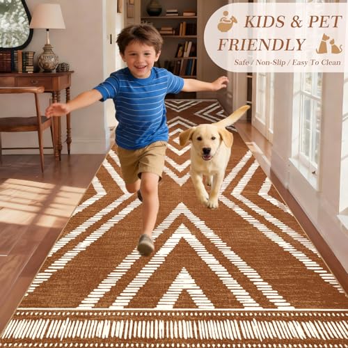 Boho 4x10 Hallway Runner Rugs Non Slip, Long Brown Washable Farmhouse Kitchen Rug Runners Non Shedding, Moroccan Floor Carpets for Bedroom Entryway Living Room Home Decor - color: Brown, size: 4' x 10' (Rectangular)