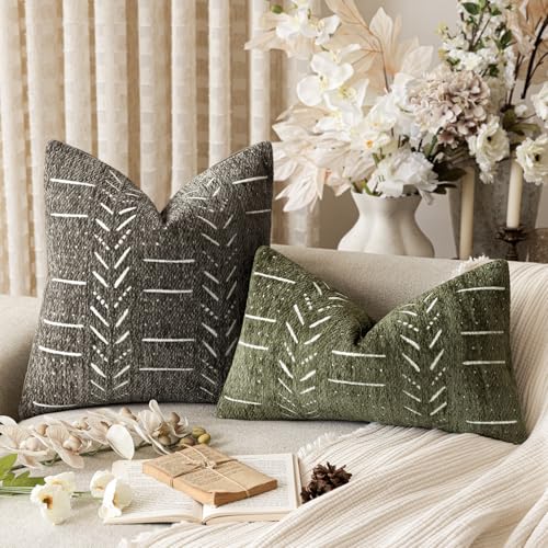 Home Décor Decorative Boho Chenille Throw Pillow Covers, Neutral Lumbar Cushion Covers,Textured Soft Farmhouse Pillowcase for Couch Sofa Chair Bed Living Room,12×20 Inch,Set of 2, Olive Green - color: Olive Green, size: 20" x 12" (Pack of 2)
