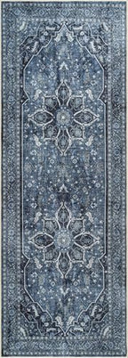 Bloom Rugs Caria Washable Non-Slip 7 ft Runner - Blue/Charcoal Traditional Runner for Entryway, Hallway, Bathroom, and Kitchen - Exact Size: 2'6" x 7' - color: Blue / Charcoal, size: 2'6" x 7' (Runner)