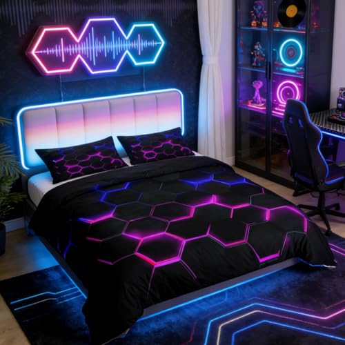 Castle Fairy 3D Honeycomb Duvet Cover Set Twin Size for Kids Hexagon Bedding Sets with with 1 Pillowcase, Pink Blue Neon Lights Print Comforter Cover Teen Boys Girls Bedroom Decor Bed Cover 2 Piece - color: Multi 01, size: Twin 68"x90"