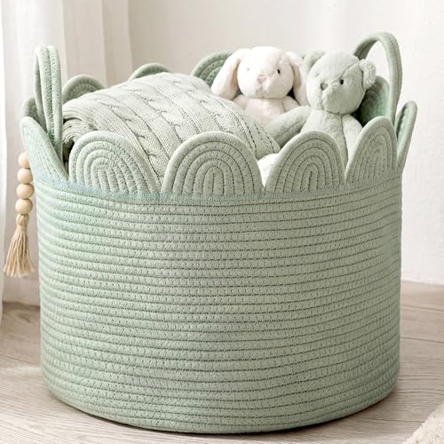 LemonRoad Sage Green Round Basket Large Blanket Basket 15.8"L x 15.8"W X13.8"H Scalloped Woven Baskets Cotton Storage Baskets for Nursery Classroom Closet Blankets Storage Home Decor - color: Sage Green, size: 15.8" L X 15.8" W X13.8" H