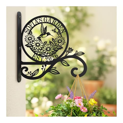 Personalized Metal Plant Hanger Bracket, Custom Name Hanging Plant Hook for Indoor Outdoor Use, Decorative Wall Mount Garden Hook for Flower Baskets, Bird Feeder, Wind Chime(Garden 3) - style: Garden 3