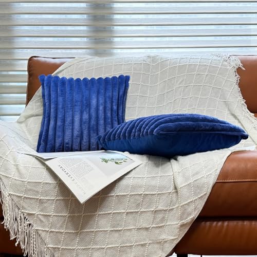 18x18 Throw Pillow Covers Set of 2, Decorative Faux Fur Covers for Bed, Couch Soft Fluffy Pillow Cover with Velvet Back for Living Room, Neutral Home Décor Accent for Sofa - Blue - color: Blue, size: 18" x 18" (Pack of 2)