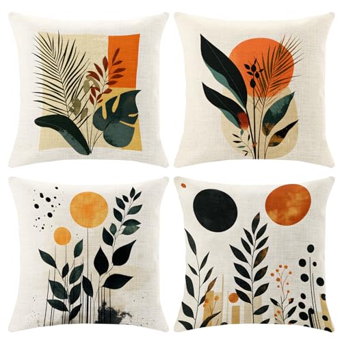 BVBOX Set of 4 Throw Pillow Covers 18"x18", Double-Sided Decorative Pillow Cases, Soft Flax/Short Plush Pillow Covers for Bed, Sofa, Couch, Living Room, Bedroom (Flax, Branches and Leaves) - color: Branches and Leaves