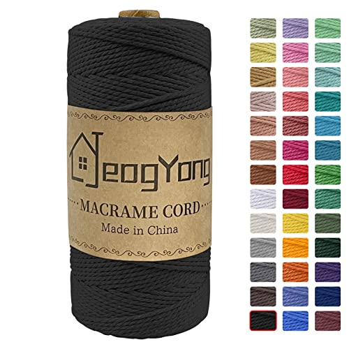 JeogYong Macrame Cord 2mm x 218 Yards, 3-Strand Twisted Natural Cotton Rope, Cotton String Coloured Craft Cord for Plant Hanger Wall Hanging Knitting Crafts, Black Color - color: Black