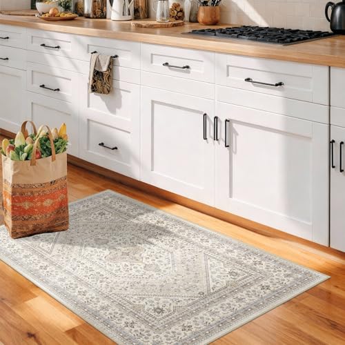 Washable 2x4 Runner Rug for Entryway: Non Slip Kitchen Rugs with Rubber Backing Soft Pet-Friendly Mats Stain Resistant Low Pile Carpet for Hallway Bedroom Bathroom Laundry Home Decor Beige/Gray - color: Beige/Gray, size: 2' x 4' (Rectangular)