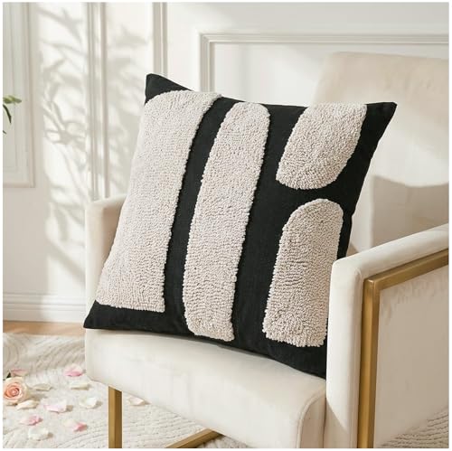 Zealax Black and Beige Boho Chunky Pillow Cover Neutral Decorative Square Throw Pillow Cover 18”x18”, Modern Abstract Tufted Pillow Case Geometric Woven Cushion Covers for Couch Bed Living Room, 1PC - size: 18" x 18" (Pack of 1)