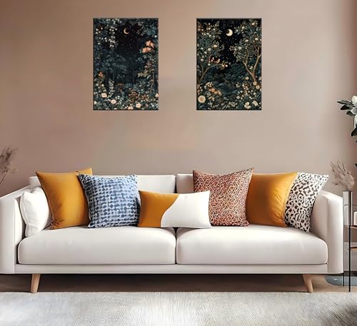 2Psc Vintage Dark Moon Botanical Framed Canvas Wall Art Dark Flower Painting Picture Wall Decor William Morris Night Fores Poster Print Artwork for Bedroom Living Home Decoration12x16 Inch - color: YUELIANGHUAHUI, size: 16"L x 12"W