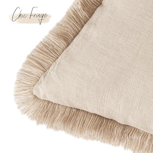 Foindtower Decorative Linen Fringe Throw Pillow Covers Cozy Boho Farmhouse Cushion Cover with Tassels Soft Accent Pillowcase for Chair Sofa Bed Living Room Home Decor, 16×16 Inch, 1PC,Tan Beige - color: Semolina, size: 16" x 16" (Pack of 1)