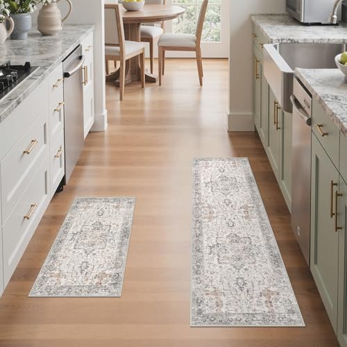 GENIMO Runner Rug 2PCs, Machine Washable Non Slip Vintage Hallway Runner Rug 17.3"x59"+17.3"x30", Low Pile Lightweight Rugs for Indoor Entryway, Hallway, Kitchen and Corridor, Light Taupe Brown - color: Taupe, size: 1'4"x 4'11"(Rectangular)