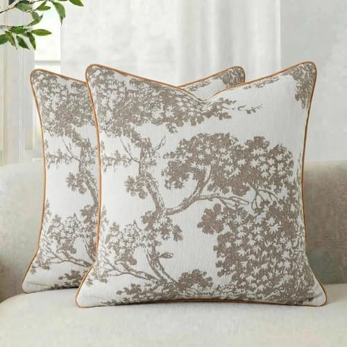 Mantle & Mason Floral 18x18 Throw Pillow Covers Set of 2, French Vintage Woven Jacquard Decorative Accent Pillow Cases for Couch, 430GSM Thick Chenille & Luxury Velvet, Beige - color: Tree Pattern Beige, size: 18" x 18" (Pack of 2)