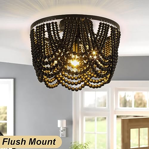 Black Boho Chandelier,Wood Beaded Chandelier Light Fixture, 12.6 inch Bohemia Draped Bead Flush Mount/Semi Flush Mount Ceiling Light Fixture for Dinning Room Bedroom Hallway - color: Black 12.6"