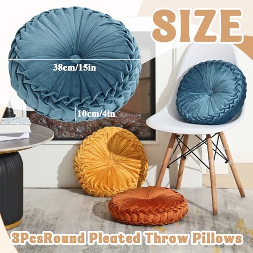 Drydiet 3 Pcs Round Throw Velvet Pillows Decorative Pleated Throw Pillows Diameter Accent Pumpkin Boho Chair Cushion for Couch Sofa Home Decoration (Yellow,Brunt Orange,Blue,15'') - color: Yellow,brunt Orange,blue, size: 15''