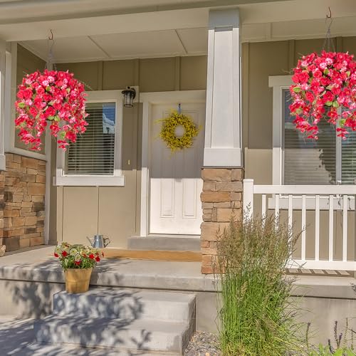 HyeFlora Artificial Fake Hanging Hibiscus Flower Baskets for Outdoor Decoration, Faux Silk Hibiscus Long Vines in Planter UV Resistant Realistic Flowers for Outside Porch Patio Home Decor, RedPink - color: Redpink