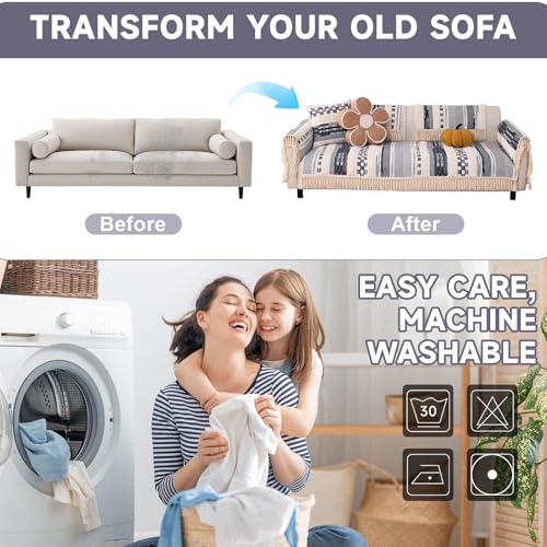 VClife Dog Boho Couch Cover, Washable Furniture Protector, 35.4 x 63 in | Tufted Tassel Sofa Cover, Non Slip Woven Geometric Sofa Slipcover, Multi-Size Universal Throw Cover For Couch, Pet Friendly - color: 02# Gray Grid, size: 35.4" x 63"