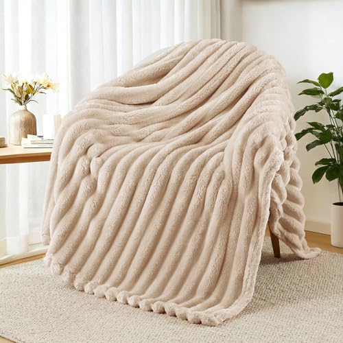 Exclusivo Mezcla Fleece Throw Blanket for Couch, Super Soft Striped Jacquard Bed Blanket, Lightweight Fuzzy Cozy for All Seasons, 50x60 Inches, Beige - color: Beige, size: Throw ( 50x60 IN )