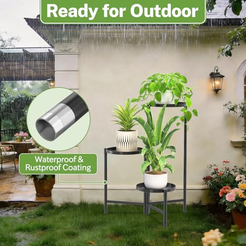 iDavosic.ly 3 Tier Large Plant Stand Indoor with 10 Inch Wide Tray, Tiered Corner Metal Outdoor Flower Display Holder Shelf, Folding Tall Rack for Patio Porch Living Room, Modern Black - color: Black, size: 3 Tiers