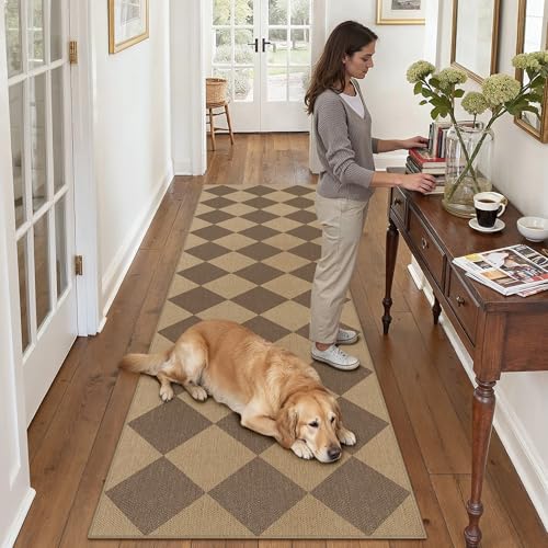 PureCozy 2x8 Checkered Easy Jute Runner Rug Non Slip Hallway Kitchen Washable Outdoor Rug for Entryway Indoor Checkerboard Brown Long Indoor Outdoor Carpet for Bedside Entry Front Door Porch - color: Brown|checkerboard-1, size: 2' x 8' (Runner)