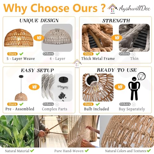 Hemp Rope Woven Pendant Light Woven Light Fixture Boho Chandelier Light Fixture Wicker Pendant Lights Rattan Lights Pendant Dome Wicker Chandelier for Dining Room Kitchen Island(Bulb Incl. - color: 12.2" Natural