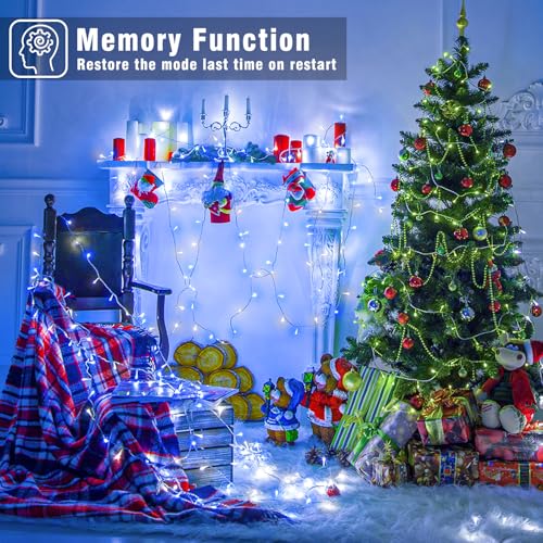 100FT 300 LED Outdoor String Lights, Plug in Connectable Christmas Lights Indoor Waterproof, 8 Modes String Lights for Outside Bedroom Home Xmas Tree Patio Yard Party Decorations, Blue and White - color: Blue and White, size: 100ft 300LED