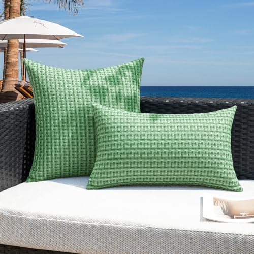 Kevin Textile Spring Outdoor Waterproof Throw Pillow Covers Pack of 2 Farmhouse Decorative Cushion Covers for Garden Patio Tent Balcony Bench Couch Sofa 16x16 Inch, Sage Green - color: Sage Green, size: 16" x 16" (Pack of 2)