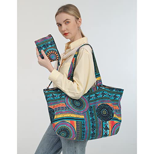 OPQRSTU Women Hippie Tote Hand Bag Large Capacity Bohemian Bag Portable Tourist Shoulder Bags - color: Green-purple