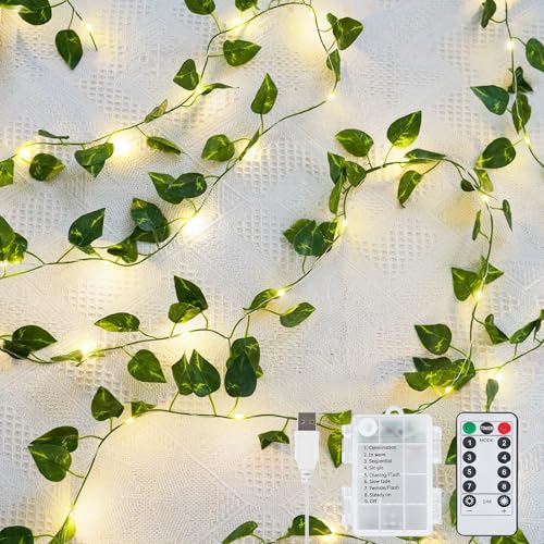 KASZOO 33ft 100 LED Vine with Fairy Lights - Pothos String Lights Battery/USB Operated, Ivy Garland with Remote, Leaf Lights for Bedroom Garden Party Wall Room Decor - color: Pothos-USB/Battery Powered-100 LED-Copper Wire