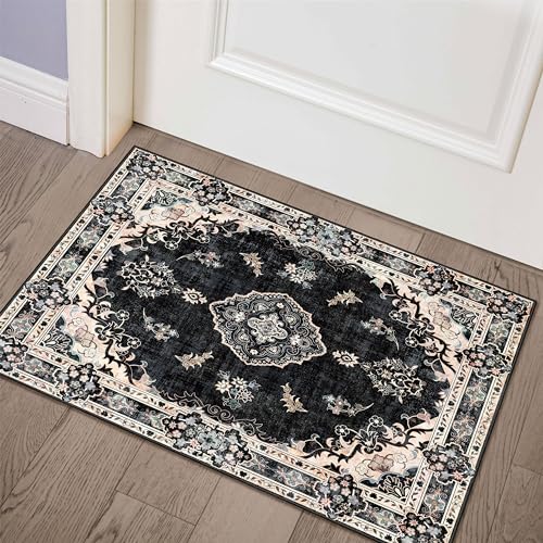 MUJOO Black Rug 2'x3',Small Washable Area Rugs for Entryway Kitchen Bathroom Bedroom,Boho Vintage Bohemian Distressed Farmhouse Non Slip Carpet, Floral - color: Black, size: 2' x 3' (Rectangular)