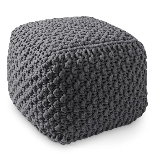 Casafield Square Pouf Ottoman, Dark Gray 18.5" W x 18.5" D x 14.5" H Cotton Knit Foot Stool - Boho Floor Pouffe for Living Room, Bedroom, Home Office - color: Grey, size: 18.5"D x 18.5"W x 14.5"H