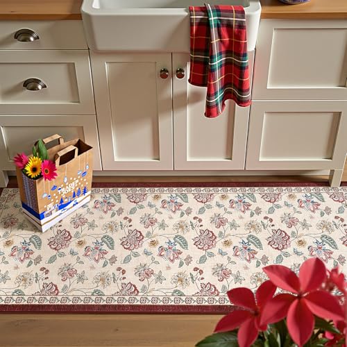 jinchan Elora 2x5 Floral Runner Rug for Hallway Washable Kitchen Runner Vintage Romance Design Non Slip Thin Indoor Floor Cover Low-Profile Throw Carpet for Entryway Bathroom Bedroom Porch, Red/Beige - color: Bloom Red/Beige, size: 2' x 5' (Light Weight)